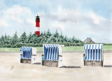 Poster DIN-A4 Aquarell Kunst Maritim Druck Kunstdruck Leuchtturm Hörnum Sylt Nordsee Meer Strand Dünen
